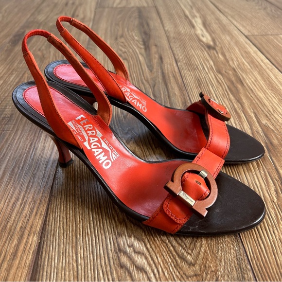 Salvatore Ferragamo Shoes - Salvatore Ferragamo Kitten Slingback Heels Orange Brown Leather Size 7.5